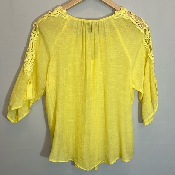 BCX Womens Blouse M  Embroidered Gauzy Tie Pleated Front Elbow Roll Tab Sleeve - Picture 13 of 15